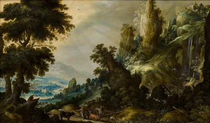 滝のある山の風景、1605-1609