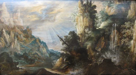 滝のある山の風景」ケルスティアン・デ・ケーニンク作 1600年頃