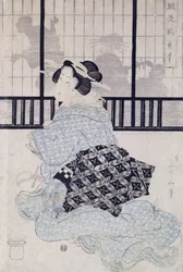 三味線を持つ花魁（木版画）