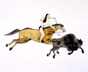 マウントされたグランドプレーンズインディアン狩猟バッファロー、弓と矢、c1890-c1927。