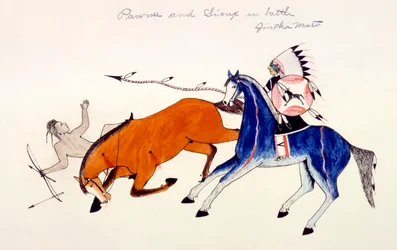 ダコタスー族の戦士、ジントカマトドッグベアによるポーニー戦士の馬鹿化、c1889-1927。