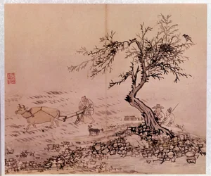 Art coreen: 耕すシーン。 キム・ホンド (Kim Hong-do) またはタンウォン (1745-ca. 1806) の版画