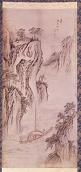 Art coreen: Mu-i の帰還。 ボートと険しい崖のあるコーリーンの風景。 Kim Hong do または Danwon (1745-ca. 1806) による版画。 1760. 亨弼春コレクション。