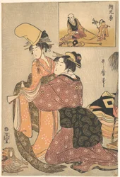 歌舞伎舞踊「娘道成寺」のために少女に着付けをする女性、猿回しの「兄弟絵」（絵兄弟）付き