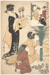 月見のために花を飾る女と男