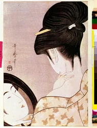 日陰で首筋に白粉をつける女性。喜多川歌麿（1753-1806）による日本の版画。0.37 x 0.22メートル。1795-1796。パリ、ギメ東洋美術館、国立アジア美術館