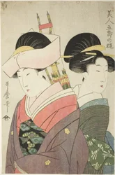 元旦の美人と付き添い、シリーズ「5つの祭りの日の美しさの喜び」から、1800年頃（カラー木版画;大判）