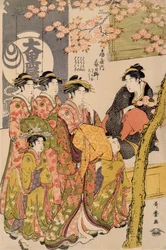 大桜の前の桜並木を散歩する遊女1789年頃（大判立絵木版画、紙に色）（203664の詳細）