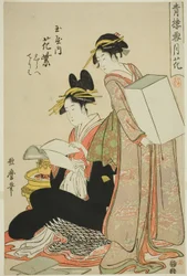 Hanamurasaki of the Tamaya, (kamuro:) Shirabe, Teriha, Flowers from the series Snow, Moon and Flowers in Yoshiwara (Seiro setsugekka) (Tamaya uchi Hanamurasaki, Shirabe, Teriha)