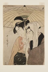 傘の下の男と女（カラー木版画