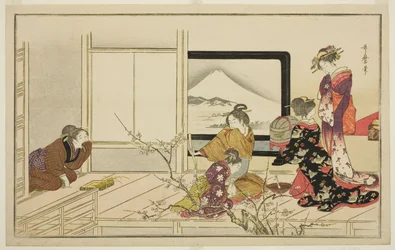 狂歌絵巻『男踏歌』より "鴬の餌の準備"
