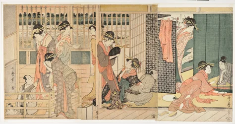 日本の「寛容の家」 (かりたく) の朝の情景 - 喜多川歌麿 (1753-1806) による版画