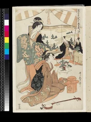 有名な美女たちがパロディ化した中新羅ドラマ：第1幕、1795年頃（カラー木版画）