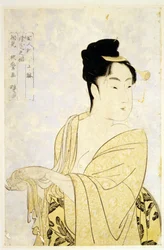 歌麿・喜多川（1753-1806）の「婦人人相学十種」シリーズのうちの「派手好きタイプ」、1793年頃 - カラー木版、34,2x22,6 - プライベート・コレクション