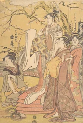 長者屋のおいらん雛鶴が布団の山の上に立っている様子 1794年頃