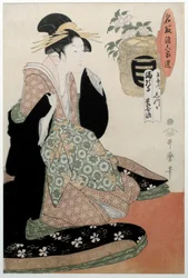 まんが家の養命酒の酒。女性の肖像。喜多川歌麿（1753-1806）による浮世絵風の日本の版画、1794年頃。パリ、ギメ美術館