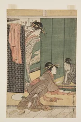 蚊帳の中の二人の花魁と一人の若者（カラー木版画