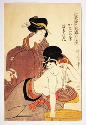 洗い物をする女性 1803年頃 喜多川歌麿(1753-1806)画 「花泡瀬化粧くらべ」愛番立絵 木版画 日本文明 江戸時代