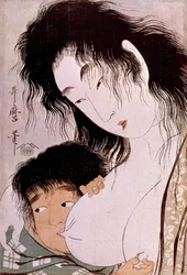 山姥と金太郎：喜多川歌麿（1753-1806）のテテの日本版画。日曜大工。0,37x0,25 m. 1801-1803年。パリ、ギメ美術館、国立アジア美術館