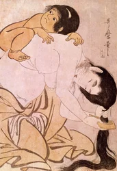山姥と金時 母は子を背負いながら髪を梳く。喜多川歌麿（1753-1806）による日本の版画。18世紀パリ、ギメ美術館、アジア美術博物館