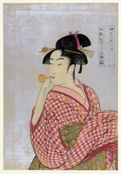 ガラス管を吹く若い女（ポッピン）」（「婦人人相学十種」シリーズより） 歌麿、喜多川（1753-1806）、1792年頃 - カラー木版、38,9x27,5 - 個人蔵