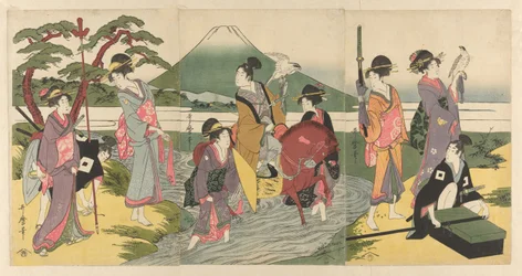 富士山の手前で沢を渡る若者とその一行。