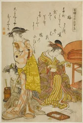 The Courtesan Hitomoto of the Daimonjiya, from the album "Comparing New Beauties of the Yoshiwara - A Mirror of Their Own Writings (Keisei shin bijin awase jikihitsu kagami)"