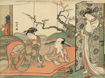 若い見習いと客のベッドを見る花魁