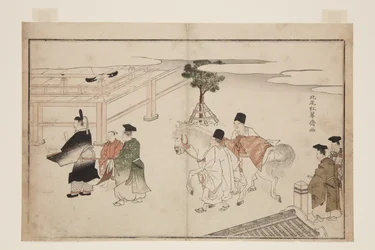 新年の白馬の贈呈（カラー木版画