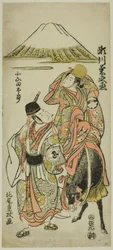 The Actors Segawa Kikunojo II as Itsuki and Bando Hikosaburo II as Oyamada Taro in the play "Taiheiki Shizunome Furisode," performed at the Nakamura Theater in the eleventh month, 1767