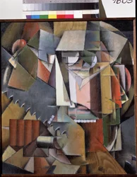 のこぎりを持った自画像。 Ivan Vassilyevich Klyun (Kliun) (Ivan Klioune) (1873-1943) による絵画、キャンバスに油彩