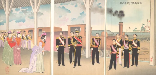 勝利の盃を掲げて新橋駅に到着した天皇陛下の図...1895年。