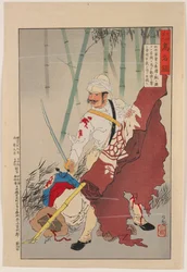 三角塘で盗賊に包囲されたŌi軍曹は、激しく戦って敵旗を奪い、「帝国万歳」と叫んで自決した、「陸海軍名士鏡」より