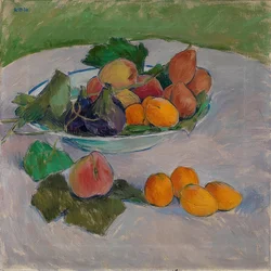 果物と葉のある静物。 1910