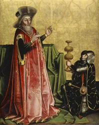 Heilspiegelの祭壇画のDavidの前のAbischai、c.1435（オーク材のパネルのミクストメディア）
