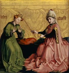 ハイルシュピーゲルの祭壇画からのアハシュエロスの前のエステル、c.1435（オーク材のパネルのミクストメディア）