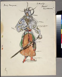 ニコライ・リムスキー＝コルサコフ（1844-1908）のオペラ『金の雄鶏』の衣装デザイン。戦士の衣装、兜と剣。作品