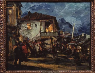 グルズフ（クリミア）（グルズフ）。 木造住宅が立ち並ぶ港町の街並み。 Konstantin Alexeyevich Korovin（Constantin Korovin）（1861-1939）による絵画、キャンバスに油彩
