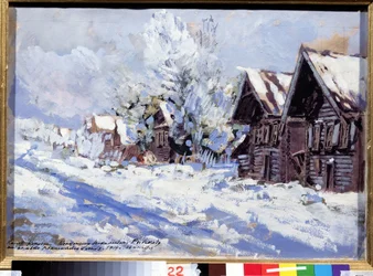 冬（ウィンター）。 雪の下、木造家屋のある村の通りの眺め。 Konstantin Alexeyevich Korovin (1861-1939) の作品、厚紙にグワッシュ
