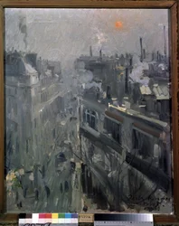 パリ（フランス）（パリ）。 秋の朝、大通りモンマルトルのファサードの眺め。 Konstantin Alexeyevich Korovin（Constantin Korovin）（1861-1939）による絵画、キャンバスに油彩