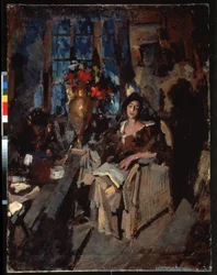 Portrait de femme (Female Portrait). Une belle femme melancolique, les yeux mi clos, assise dans un fauteuil, un livre ouvert pose sur les genoux, entouree du mobilier de salon, table avec bouquet de fleur, tasse et divers objets du quotidien. Peinture de 