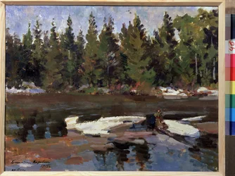 春（春）。 風景、森の中の川のほとり。 Konstantin Alexeyevich Korovin（Constantin Korovin）（1861-1939）による絵画、キャンバスに油彩