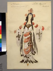 ミハイル・イゴール・グリンカ（1804-1857）によるオペラ「ルスランとリュドミラ」の衣装デザイン（M.グリンカによるオペラ「ルスランとリュドミラ」の衣装デザイン）。 Konstantin Alexeyevich Korovin (Constantin Korovin) (1861-1939) の作品、水彩画、グワッシュ、ゴールド s