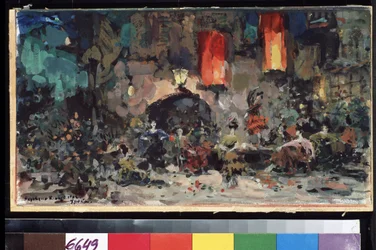 レオン (またはルートヴィヒ) ミンクス (1826-1917) によるバレエ ドン キホーテの舞台デザイン (L. ミンクスによるバレエ ドン キホーテの舞台デザイン)。 Konstantin Alexeyevich Korovin (Constantin Korovin) (1861-1939) の作品、段ボールに水彩とグワッシュ
