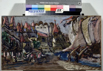 ニコラス (ニコライ) リムスキー コルサコフ (リムスキー コルサコフ) (1844-1908) によるオペラ サドコの舞台デザイン (N. リムスキー コルサコフ (リムスキー コルサコフ) によるオペラ サドコの舞台デザイン。波止場はどこですか