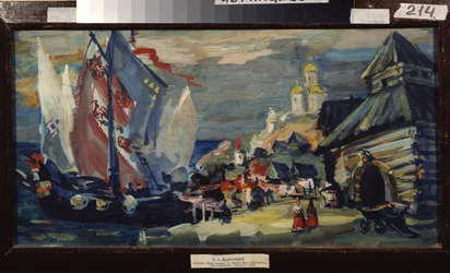 Nicolas (Nikolai) Rimsky Korsakov (Rimsky-Korsakov) (1844-1908) によるオペラ Sadko のデザイン プロジェクト (N. Rimsky-Korsakov (Rimsky Korsakov) による Opera Sadko のステージ デザイン。都市の波止場にある背の高い船木造の建物で。