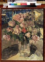 バラ（バラ）。 静物、花束。 Konstantin Alexeyevich Korovin (Constantin Korovin) (1861-1939) による絵画、キャンバスに油彩、1910 年。 ロシア美術、現代、20 世紀初頭。 State B. Kustodiev Art Gallery、アストラハン（ロシア）。