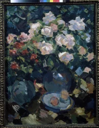 青い水差しのバラ。 Konstantin Alexeyevich Korovin（Constantin Korovin）（1861-1939）による絵画、キャンバスに油彩