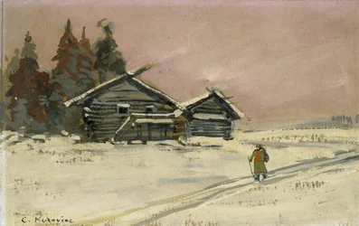 2つの木造の小屋のある冬景色