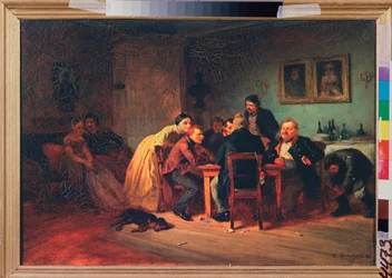 カードゲーム - ブルジョアのインテリアでの深夜 - コンスタンチン・アレクサンドロヴィッチ・トルトフスキー（トルトフスキー）（1826-1893）による絵画、キャンバスに油彩